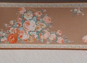 BORDURE ADHÉSIVE AVEC DES ROSES SUR UN FOND EFFET GAUFRÉ MARRON