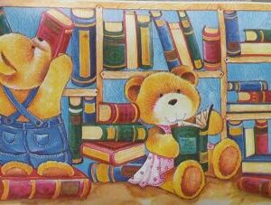 BORDURE ADHÉSIVE AVEC OURS EN PELUCHE DANS UNE BIBLIOTHÈQUE