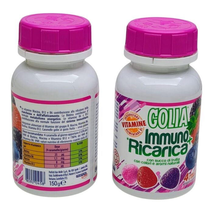 6 PEZZI GOLIA IMMUNO+RICARICA 50 GELEE' GUSTO FRUTTA 150 GRAMMI VITAMINE NATURAL - immagine 4