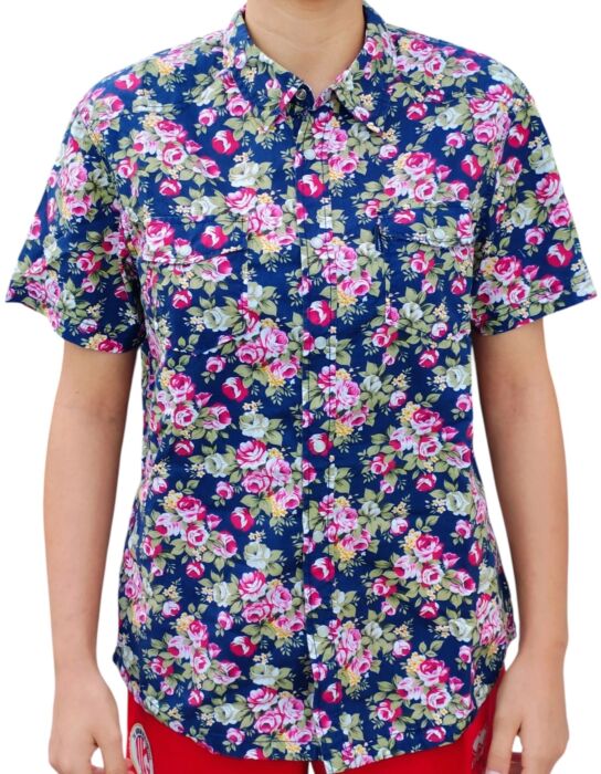 CHEMISE BLEU FONCÉ À FLEURS À MANCHES COURTES TAILLE M PAR HEROD