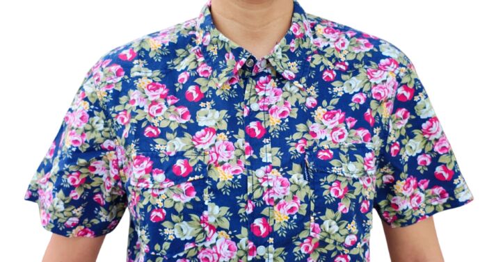 CHEMISE BLEU FONCÉ À FLEURS À MANCHES COURTES TAILLE M PAR HEROD - immagine 3