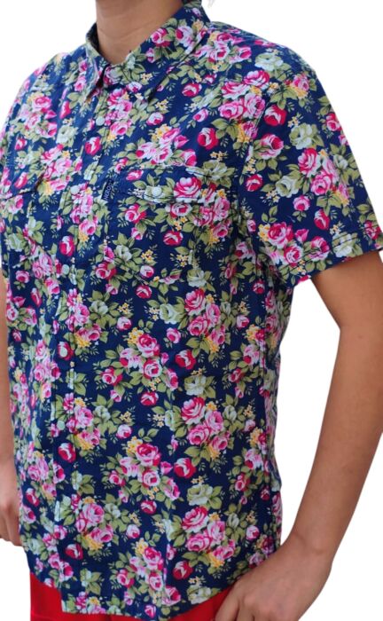 CHEMISE BLEU FONCÉ À FLEURS À MANCHES COURTES TAILLE M PAR HEROD - immagine 2