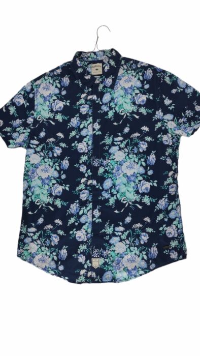 CHEMISE BLEU FONCÉ A FLEURES BLEUES CLAIRES MANCHES COURTES TAILLE M PAR LEE COOPER