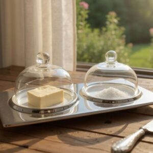 SALSIERA DUO  BREAKFAST CON CAMPANA VETRO & PORECELLANA CROMATA