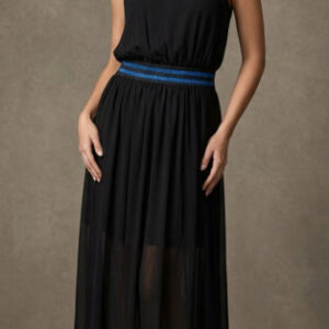 VESTITO NERO LUNGO ELEGANTE CON FASCIA BLU TAG.