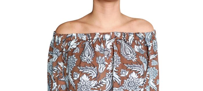BLUSA CORTA A SPALLE SCPERTE C. MANICHE A CAMPANA SVASTATE E FANTASIA FLOREALE - immagine 4
