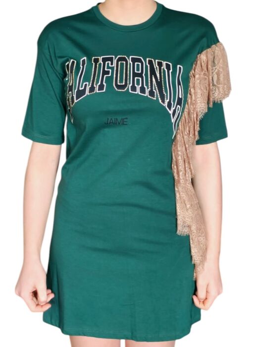 abito t-shirt verde con pizzo laterale e la stampa "CALIFORNIA" by j'aime