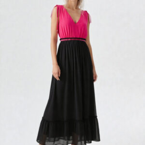 abito maxi bicolore lungo rosa nero con scollo V