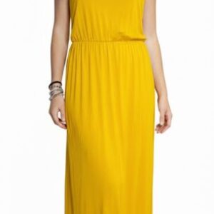 abito lungo giallo senape da donna con spalline sottili ed elastico in vita