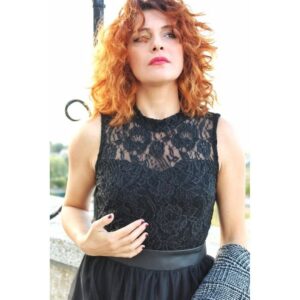 elegant black sleeveless dress featuring a high-neck lace bodice and a tulle ruffled skirt