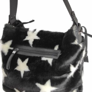 Borsa a Spalla Nera Effetto Pelliccia con Stelle Bianche - Borse a spalla