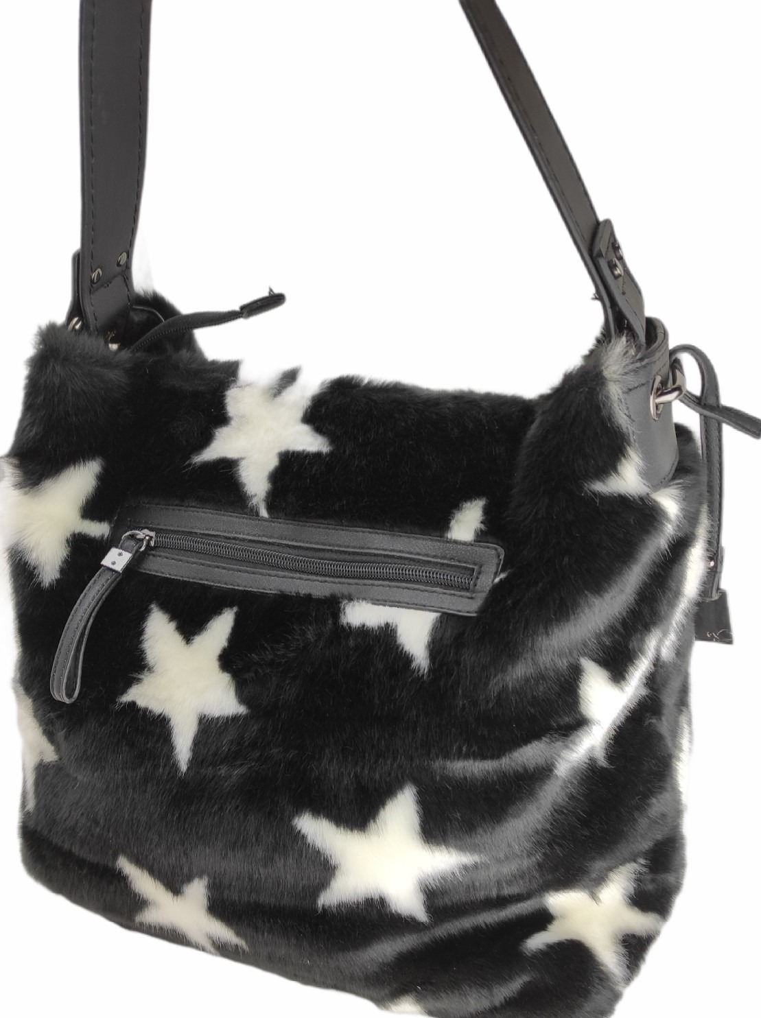 Borsa a Spalla Nera Effetto Pelliccia con Stelle Bianche - Borse a spalla